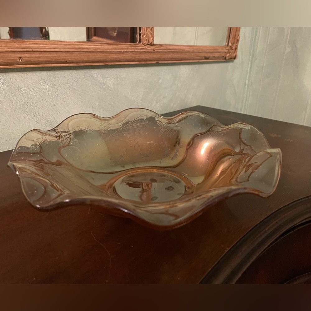 Jeanette Iridescent Carnival Glass Ruffled Bowl with Floral Pattern